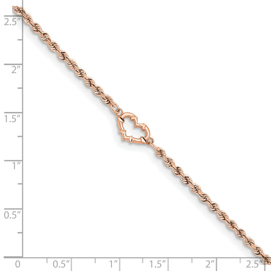 Tobillera de Oro Rosa de 14K con Cordón Trenzado y Corazón Cortado con Diamantes de 9 Pulgadas