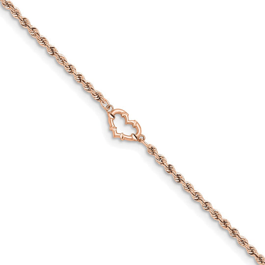 Tobillera de Oro Rosa de 14K con Cordón Trenzado y Corazón Cortado con Diamantes de 9 Pulgadas