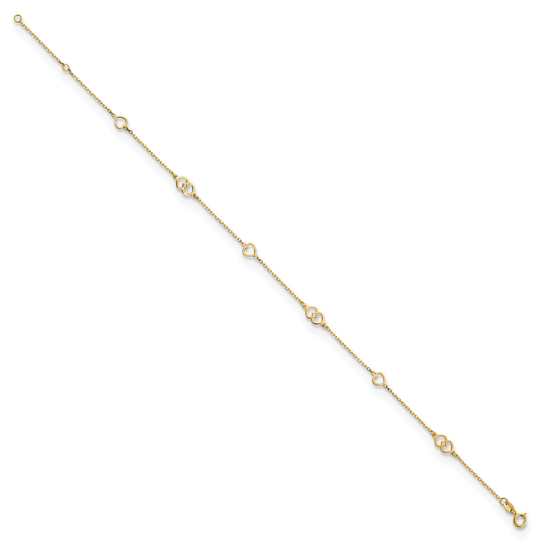 Tobillera de Oro Amarillo de 14K con Corazones Pulidos de 9 Pulgadas + 1 Pulgada de Extensión