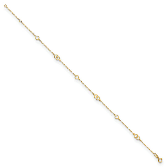 Tobillera de Oro Amarillo de 14K con Corazones Pulidos de 9 Pulgadas + 1 Pulgada de Extensión
