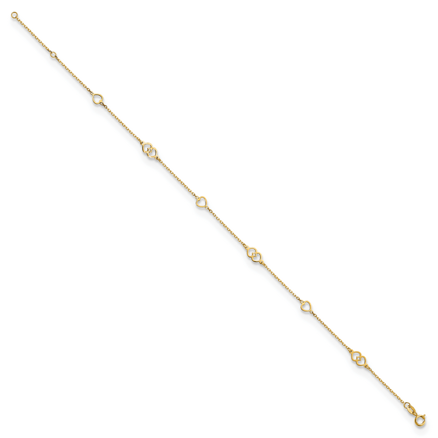 Tobillera de Oro Amarillo de 14K con Corazones Pulidos de 9 Pulgadas + 1 Pulgada de Extensión