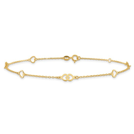 Tobillera de Oro Amarillo de 14K con Corazones Pulidos de 9 Pulgadas + 1 Pulgada de Extensión