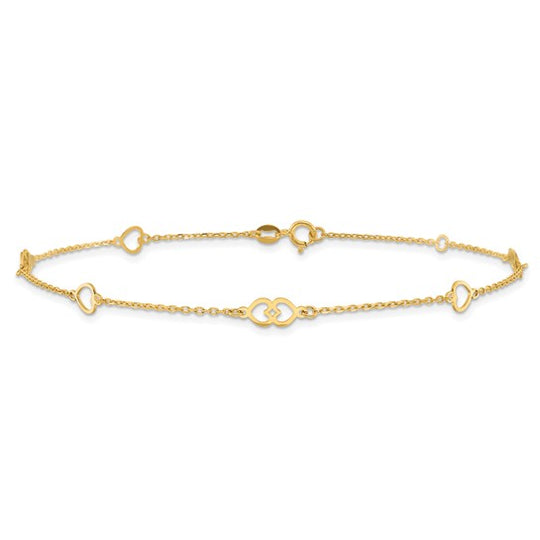 Tobillera de Oro Amarillo de 14K con Corazones Pulidos de 9 Pulgadas + 1 Pulgada de Extensión
