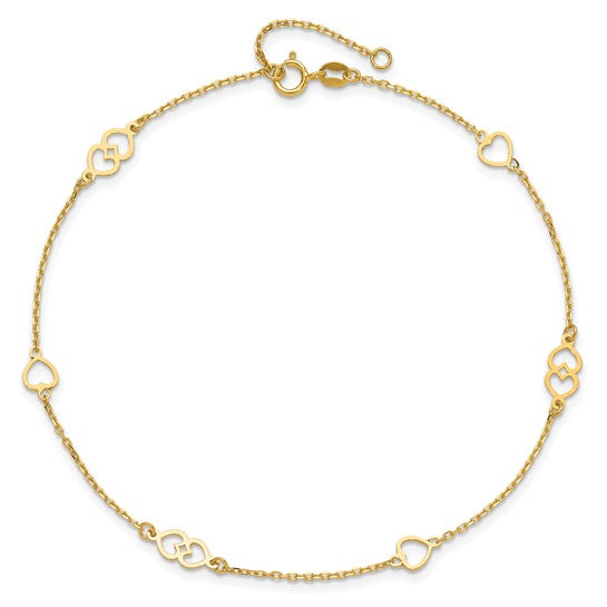 Tobillera de Oro Amarillo de 14K con Corazones Pulidos de 9 Pulgadas + 1 Pulgada de Extensión