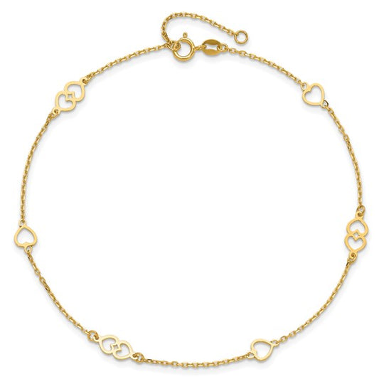 Tobillera de Oro Amarillo de 14K con Corazones Pulidos de 9 Pulgadas + 1 Pulgada de Extensión