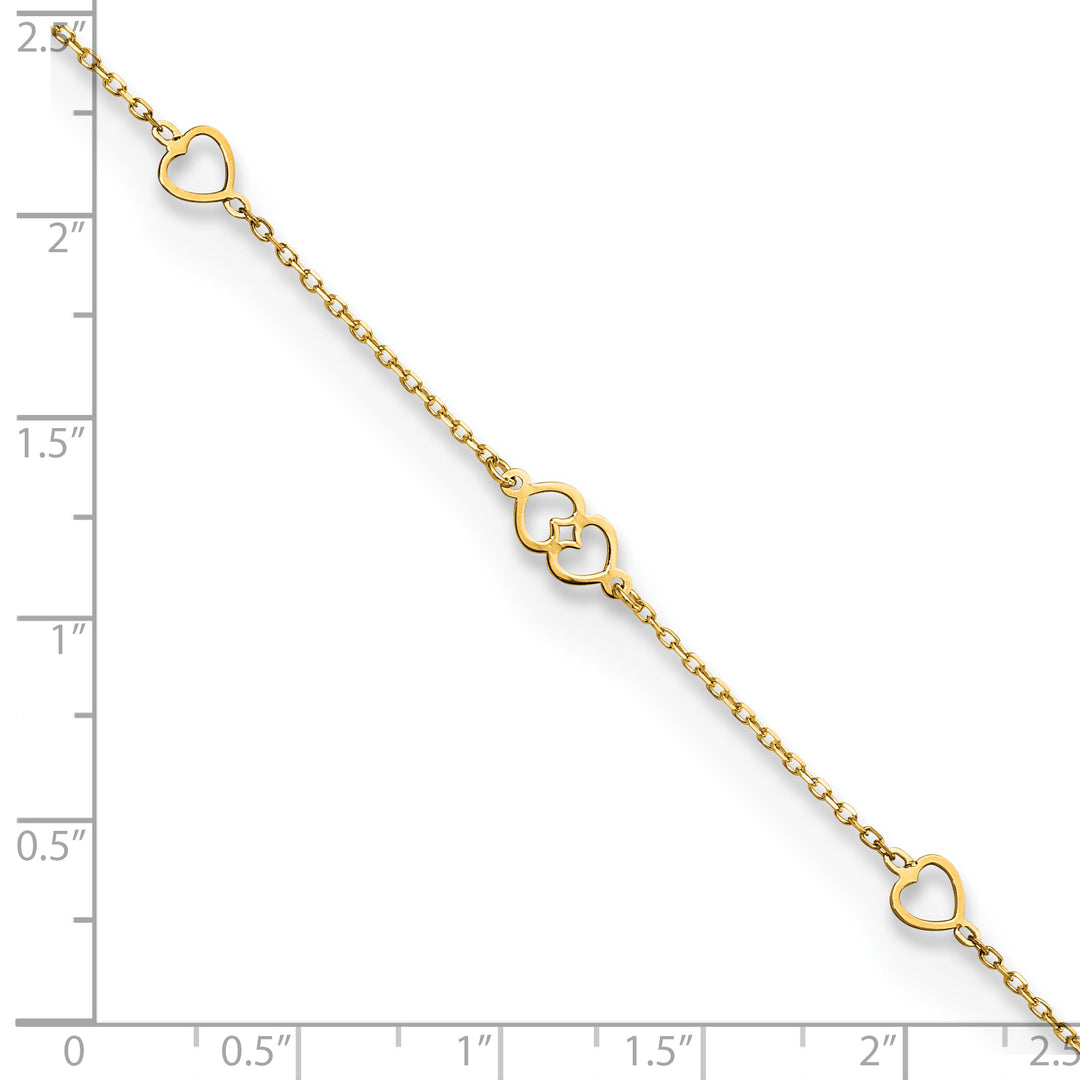 Tobillera de Oro Amarillo de 14K con Corazones Pulidos de 9 Pulgadas + 1 Pulgada de Extensión