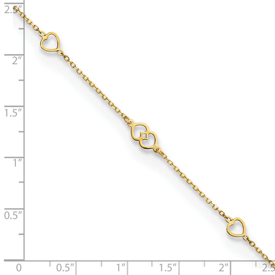 Tobillera de Oro Amarillo de 14K con Corazones Pulidos de 9 Pulgadas + 1 Pulgada de Extensión
