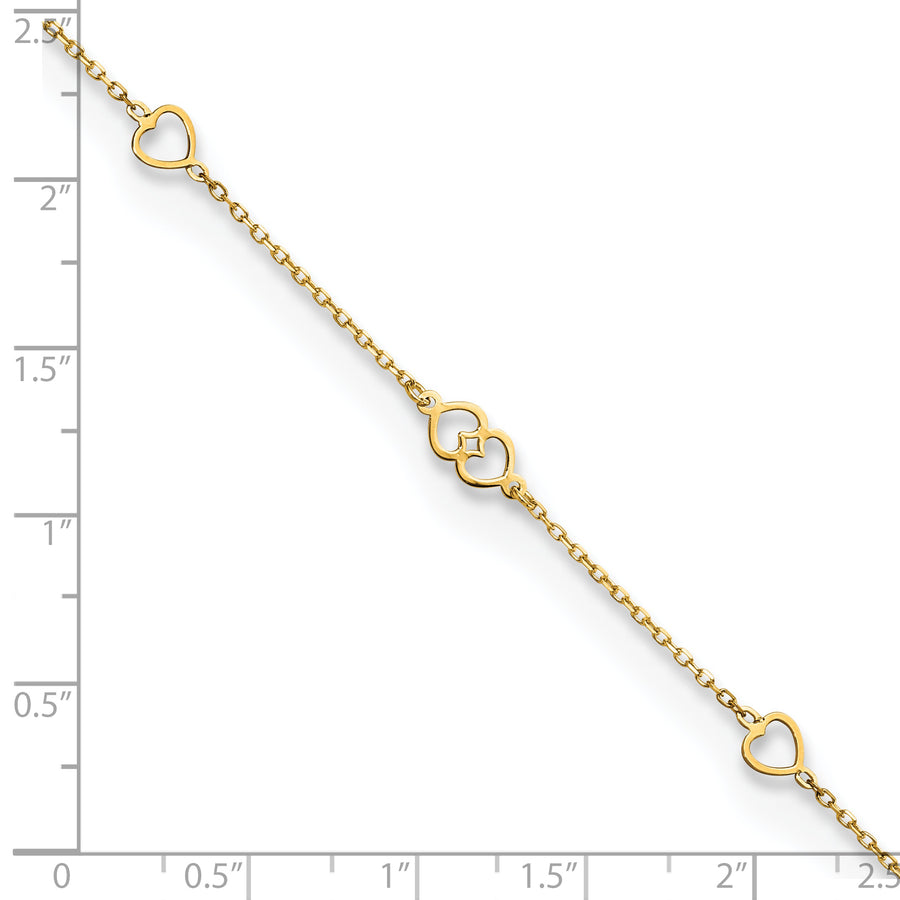 Tobillera de Oro Amarillo de 14K con Corazones Pulidos de 9 Pulgadas + 1 Pulgada de Extensión