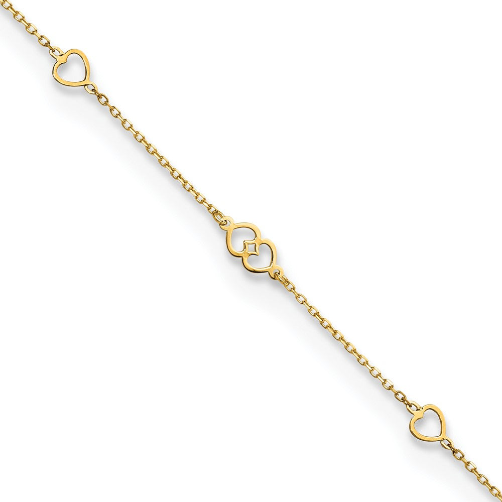 Tobillera de Oro Amarillo de 14K con Corazones Pulidos de 9 Pulgadas + 1 Pulgada de Extensión