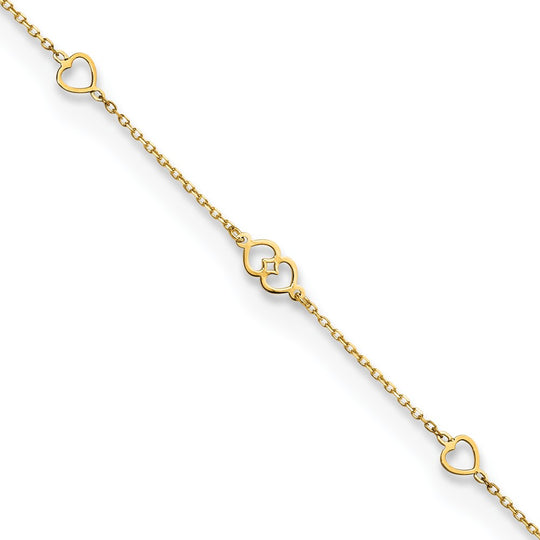 Tobillera de Oro Amarillo de 14K con Corazones Pulidos de 9 Pulgadas + 1 Pulgada de Extensión