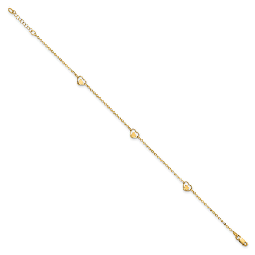 Tobillera de Oro Amarillo de 14K con Corazón Pulido y Extensor de 1 Pulgada