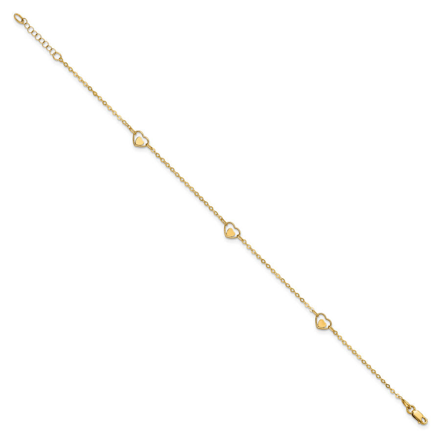 Tobillera de Oro Amarillo de 14K con Corazón Pulido y Extensor de 1 Pulgada