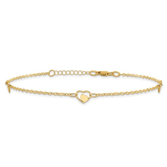 Tobillera de Oro Amarillo de 14K con Corazón Pulido y Extensor de 1 Pulgada