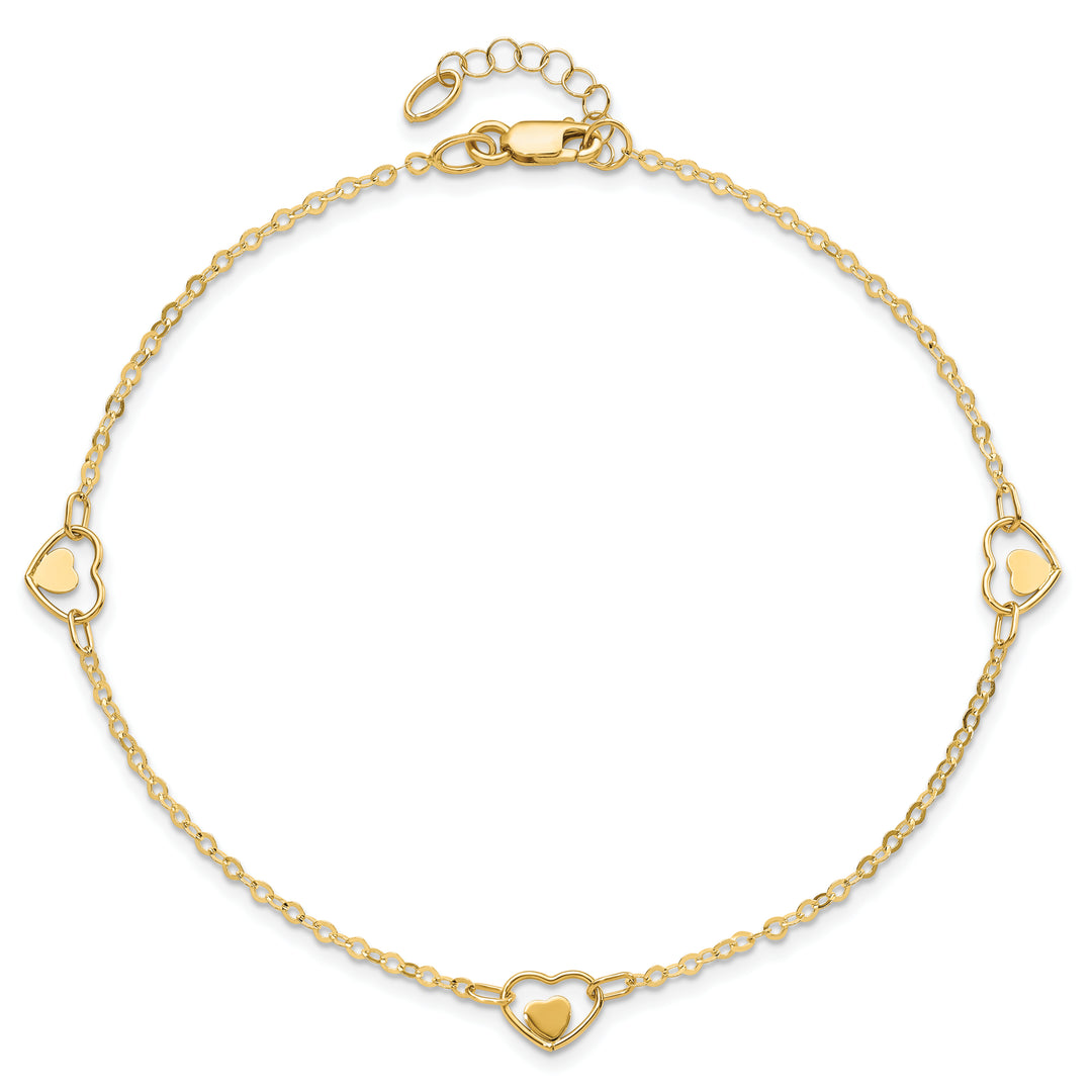 Tobillera de Oro Amarillo de 14K con Corazón Pulido y Extensor de 1 Pulgada