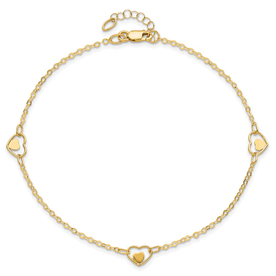 Tobillera de Oro Amarillo de 14K con Corazón Pulido y Extensor de 1 Pulgada
