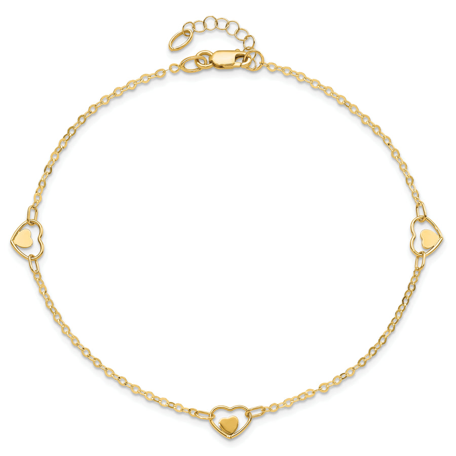 Tobillera de Oro Amarillo de 14K con Corazón Pulido y Extensor de 1 Pulgada