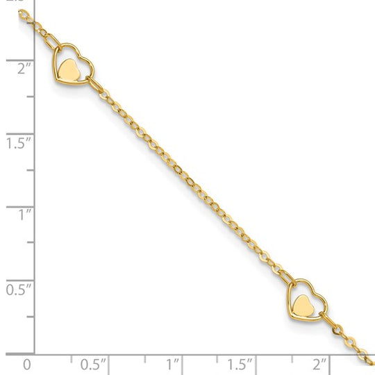 Tobillera de Oro Amarillo de 14K con Corazón Pulido y Extensor de 1 Pulgada