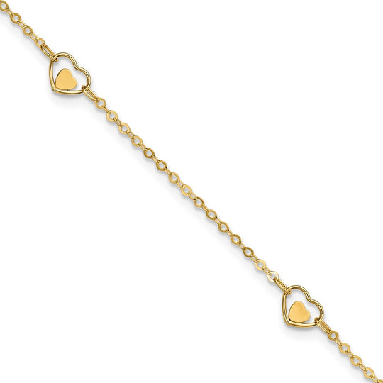 Tobillera de Oro Amarillo de 14K con Corazón Pulido y Extensor de 1 Pulgada