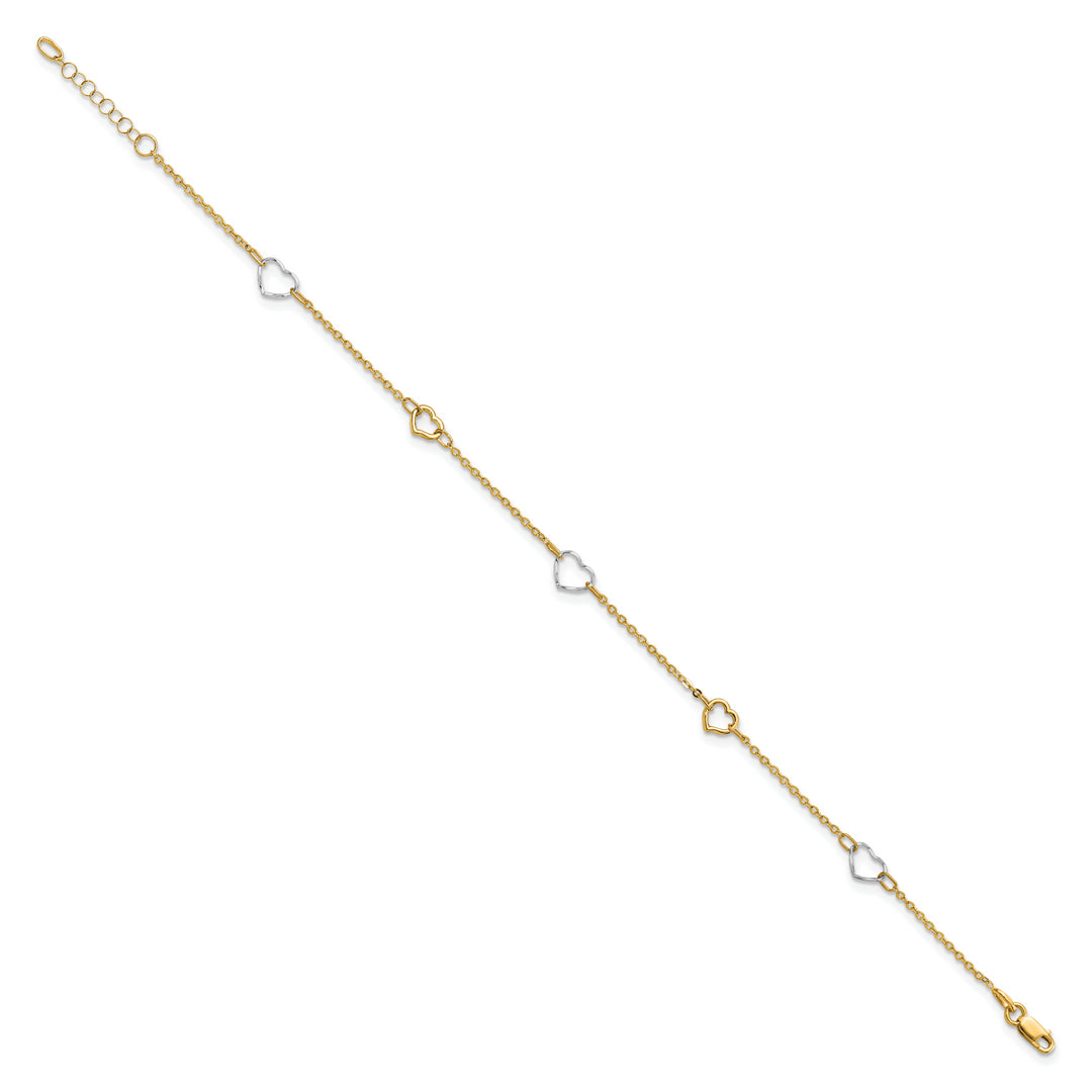 Tobillera de Corazón Pulida de 14k Bicolor de 9 Pulgadas + Extensor de 1 Pulgada