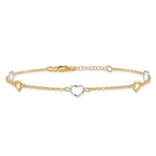 Tobillera de Corazón Pulida de 14k Bicolor de 9 Pulgadas + Extensor de 1 Pulgada
