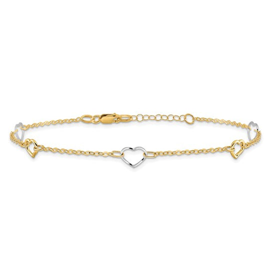 Tobillera de Corazón Pulida de 14k Bicolor de 9 Pulgadas + Extensor de 1 Pulgada