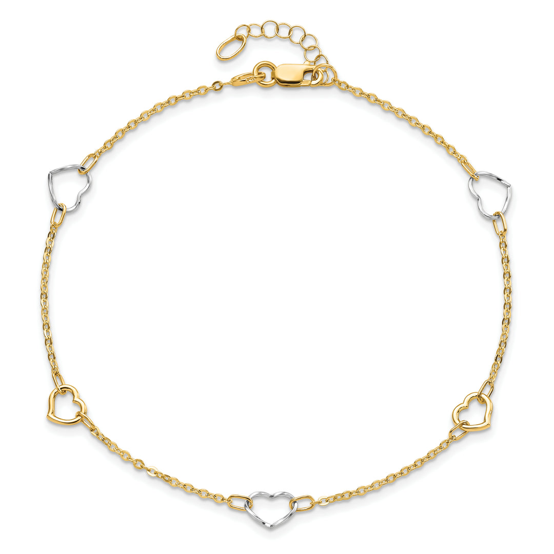 Tobillera de Corazón Pulida de 14k Bicolor de 9 Pulgadas + Extensor de 1 Pulgada