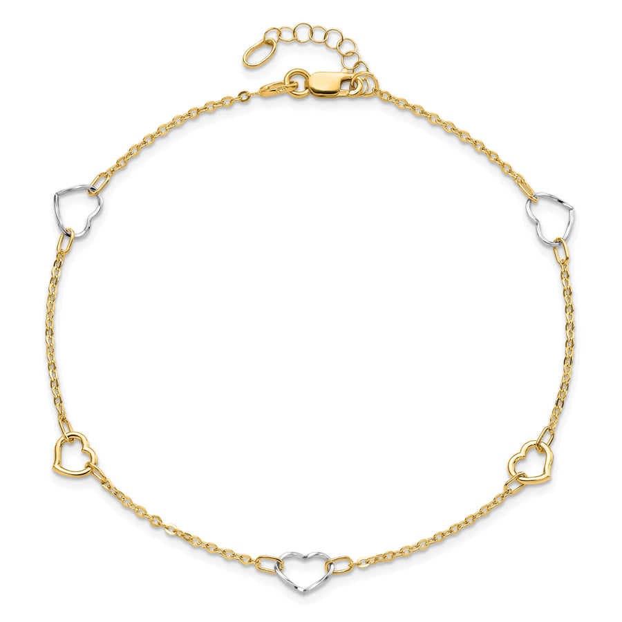 Tobillera de Corazón Pulida de 14k Bicolor de 9 Pulgadas + Extensor de 1 Pulgada