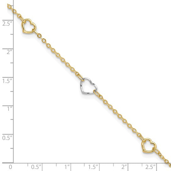 Tobillera de Corazón Pulida de 14k Bicolor de 9 Pulgadas + Extensor de 1 Pulgada