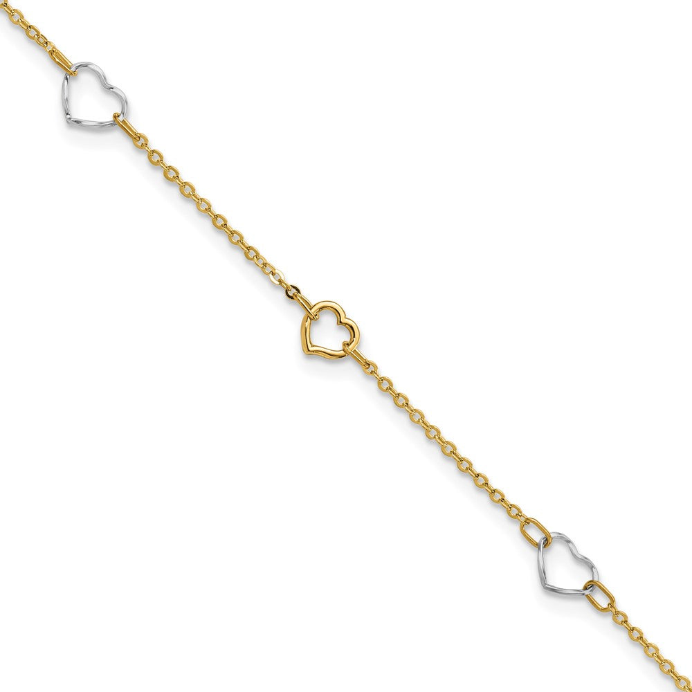 Tobillera de Corazón Pulida de 14k Bicolor de 9 Pulgadas + Extensor de 1 Pulgada