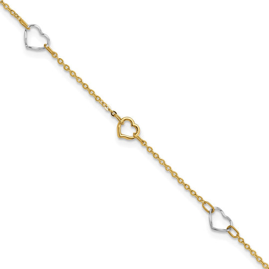 Tobillera de Corazón Pulida de 14k Bicolor de 9 Pulgadas + Extensor de 1 Pulgada