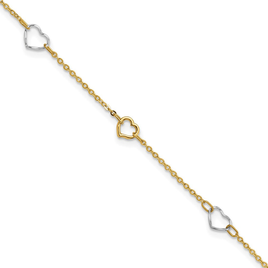 Tobillera de Corazón Pulida de 14k Bicolor de 9 Pulgadas + Extensor de 1 Pulgada