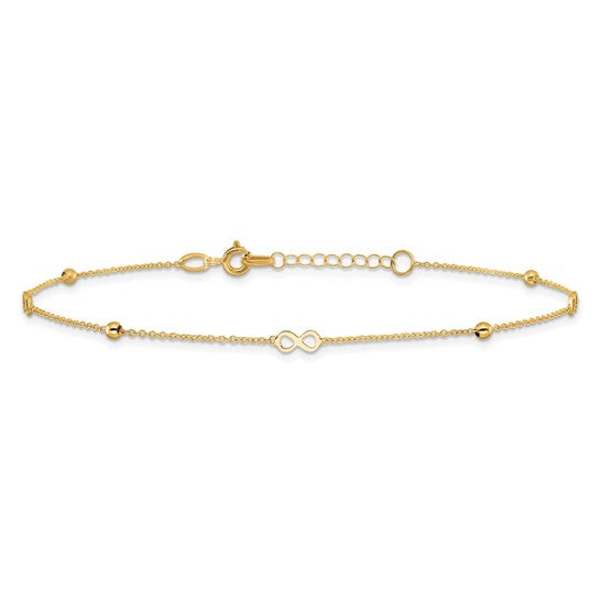 Tobillera de Oro de 14K con Infinito Pulido de 9 Pulgadas + Extensión de 1 Pulgada