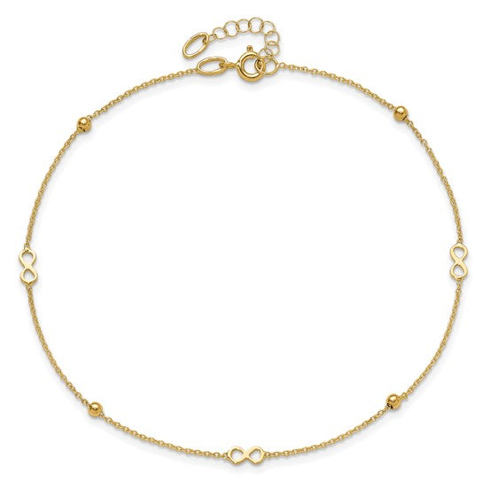 Tobillera de Oro de 14K con Infinito Pulido de 9 Pulgadas + Extensión de 1 Pulgada