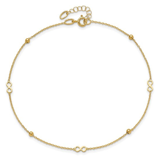 Tobillera de Oro de 14K con Infinito Pulido de 9 Pulgadas + Extensión de 1 Pulgada