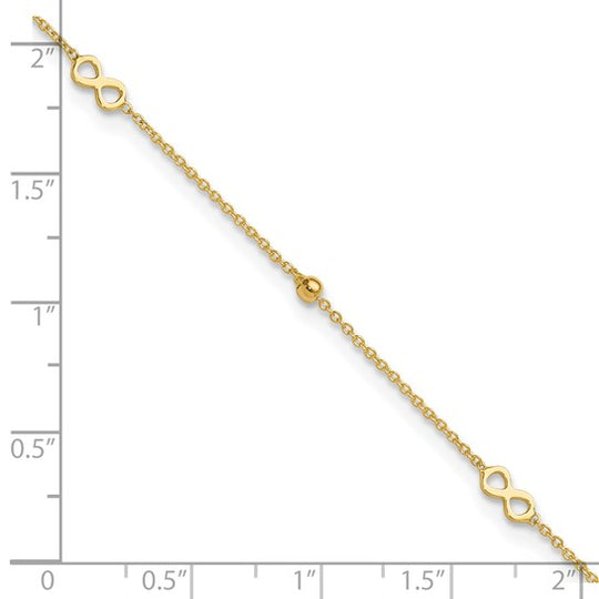 Tobillera de Oro de 14K con Infinito Pulido de 9 Pulgadas + Extensión de 1 Pulgada