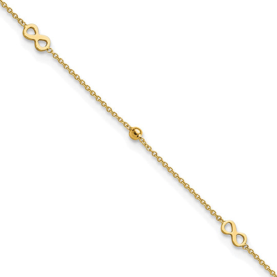 Tobillera de Oro de 14K con Infinito Pulido de 9 Pulgadas + Extensión de 1 Pulgada