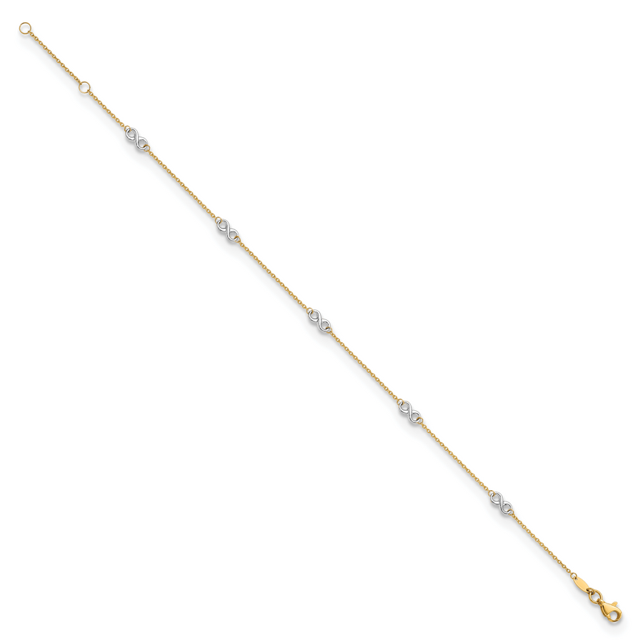 Tobillera de Oro 14K Bicolor Pulida con Diseño de Infinito de 9 Pulgadas + Extensión de 1 Pulgada