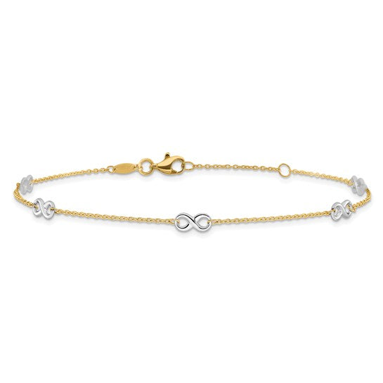 Tobillera de Oro 14K Bicolor Pulida con Diseño de Infinito de 9 Pulgadas + Extensión de 1 Pulgada