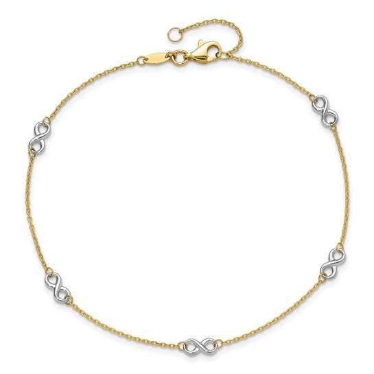 Tobillera de Oro 14K Bicolor Pulida con Diseño de Infinito de 9 Pulgadas + Extensión de 1 Pulgada