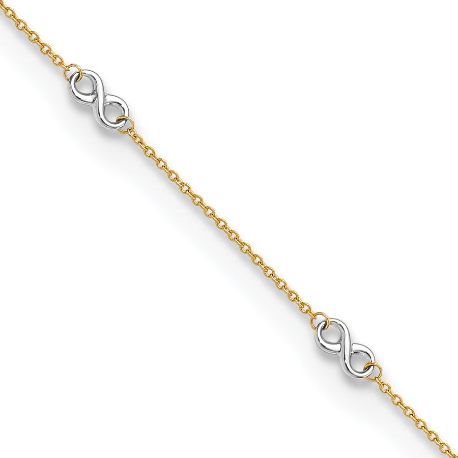 Tobillera de Oro 14K Bicolor Pulida con Diseño de Infinito de 9 Pulgadas + Extensión de 1 Pulgada