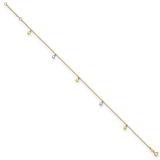 Tobillera de Estrellas con Corte Diamante Bicolor Pulida de 14K + Extensión