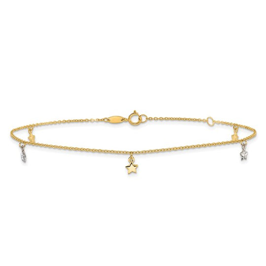 Tobillera de Estrellas con Corte Diamante Bicolor Pulida de 14K + Extensión