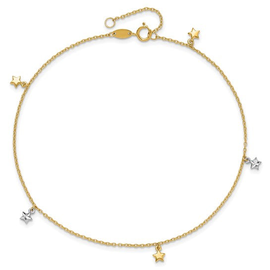 Tobillera de Estrellas con Corte Diamante Bicolor Pulida de 14K + Extensión