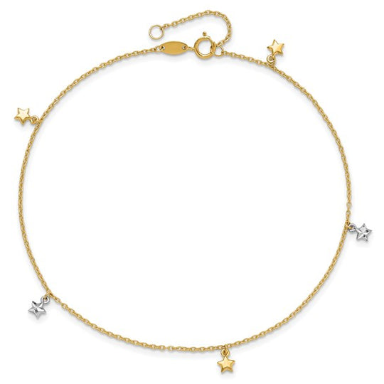 Tobillera de Estrellas con Corte Diamante Bicolor Pulida de 14K + Extensión