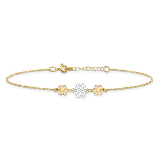 Tobillera Bicolor Pulida de Tres Flores de 14K de 9 Pulgadas + Extensión de 1 Pulgada