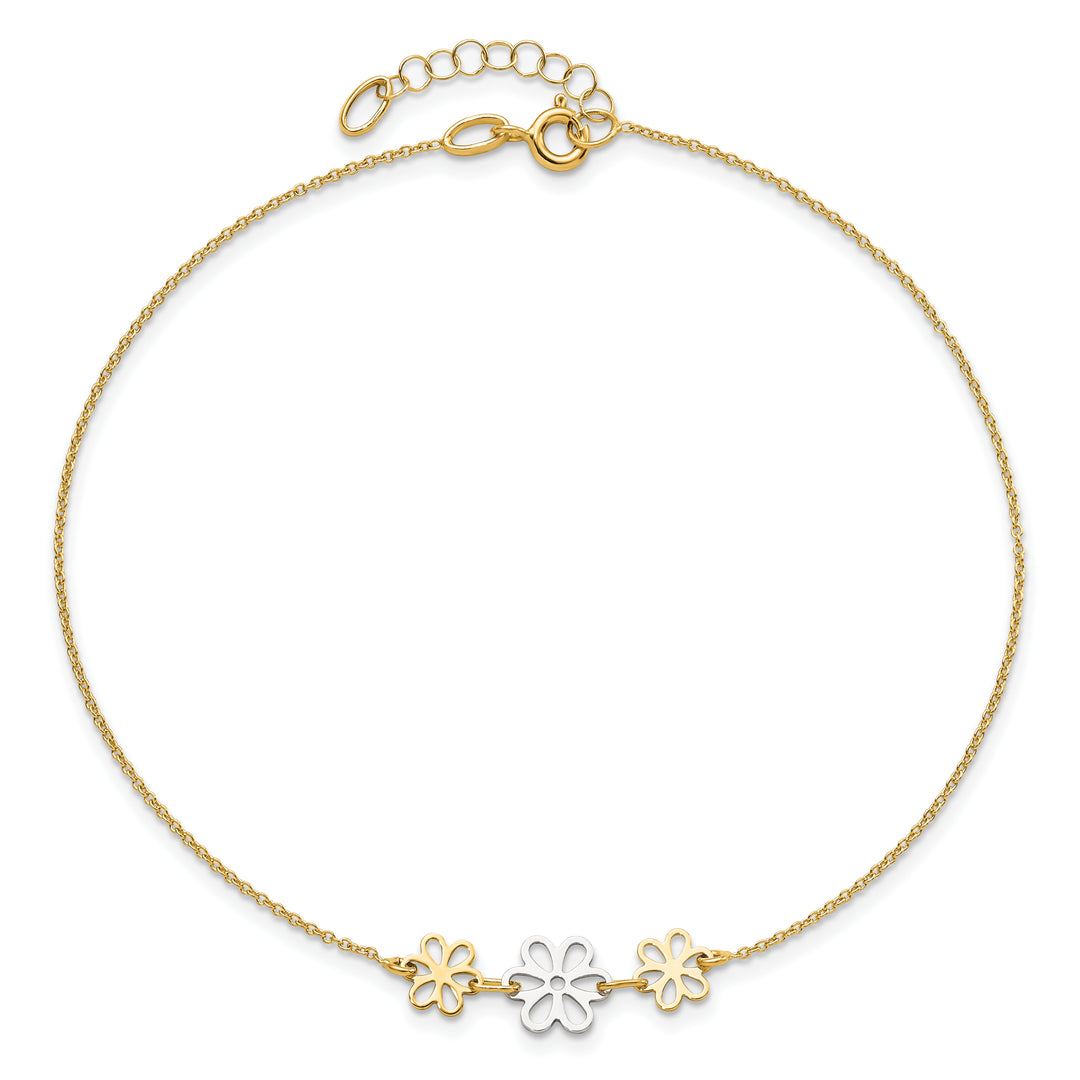 Tobillera Bicolor Pulida de Tres Flores de 14K de 9 Pulgadas + Extensión de 1 Pulgada