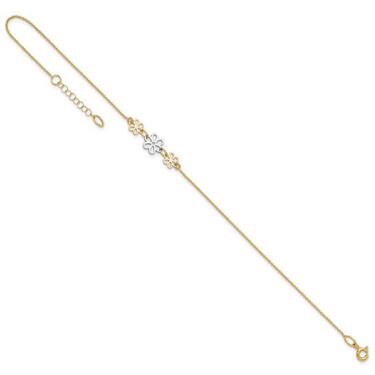 Tobillera Bicolor Pulida de Tres Flores de 14K de 9 Pulgadas + Extensión de 1 Pulgada