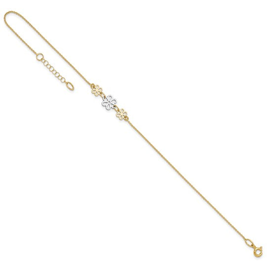 Tobillera Bicolor Pulida de Tres Flores de 14K de 9 Pulgadas + Extensión de 1 Pulgada