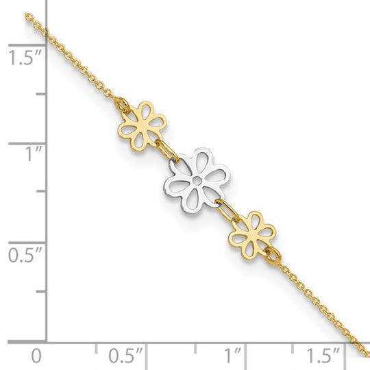 Tobillera Bicolor Pulida de Tres Flores de 14K de 9 Pulgadas + Extensión de 1 Pulgada