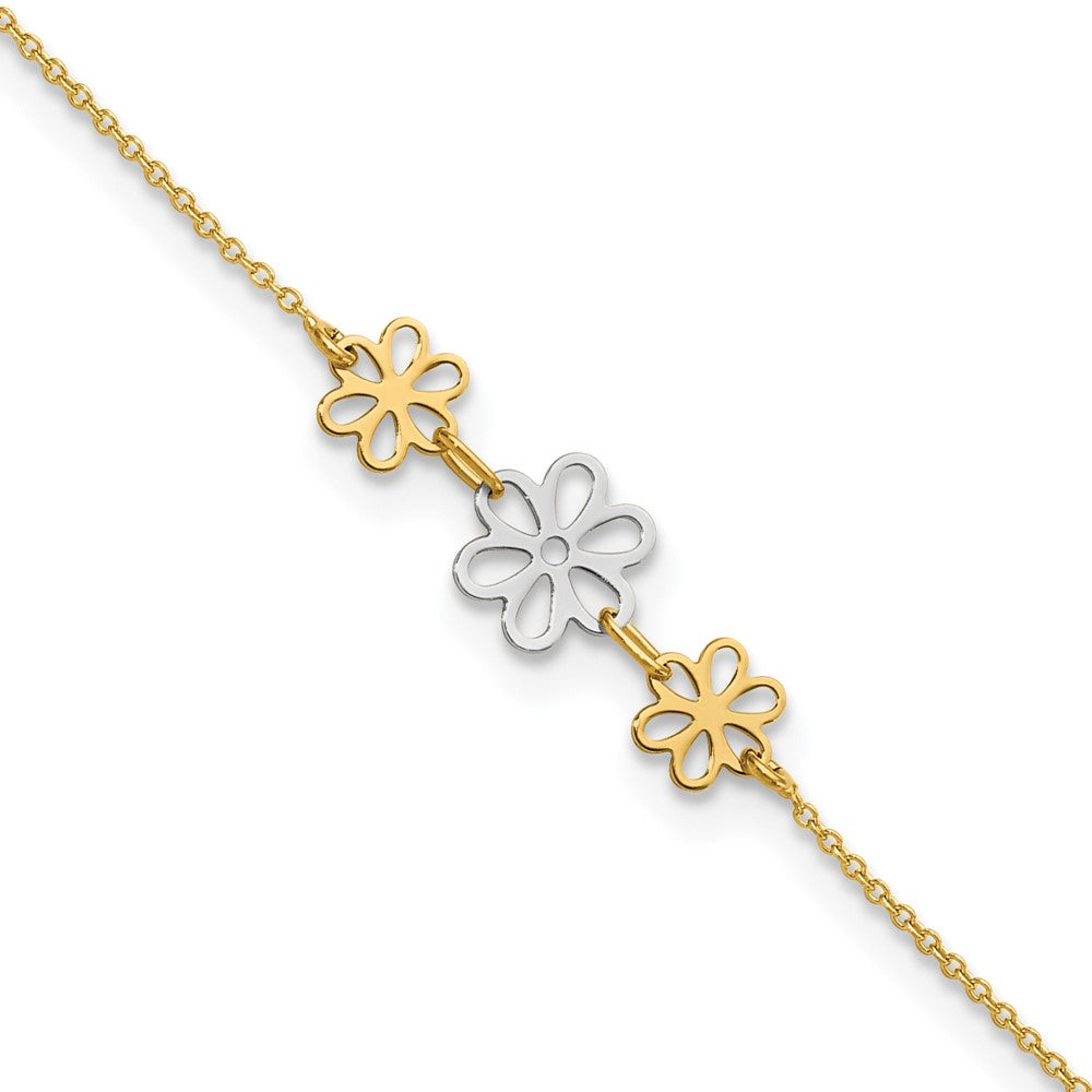 Tobillera Bicolor Pulida de Tres Flores de 14K de 9 Pulgadas + Extensión de 1 Pulgada